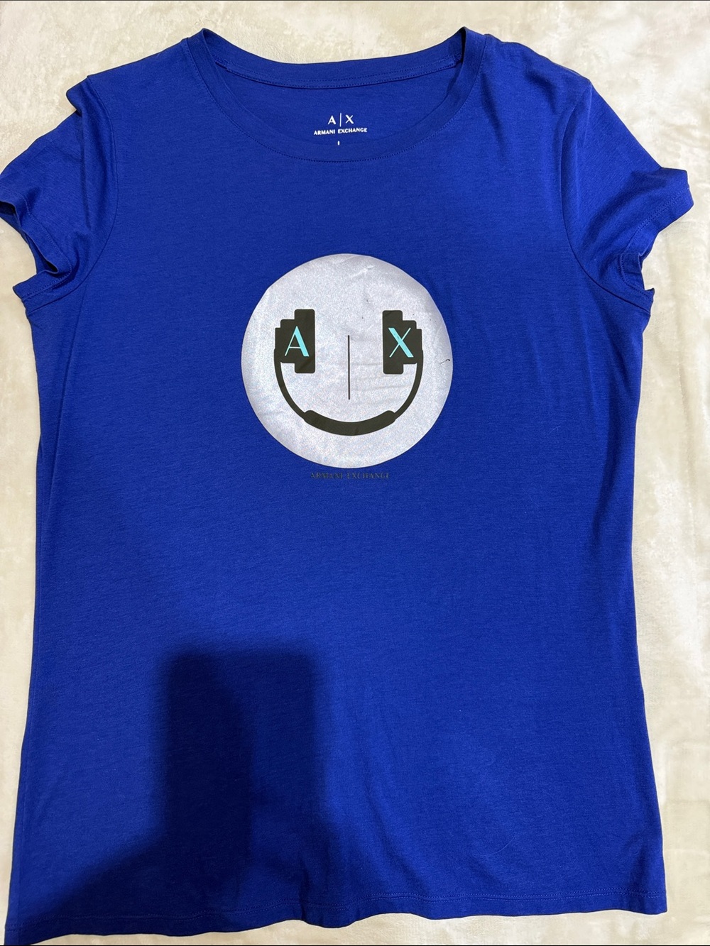 Armani Exchange Royal Blue Short Sleeve Tee with Silver Smiley Graphic